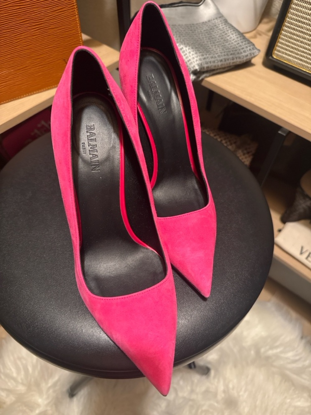 Balmain 
Pink Suede Pointed Toe Heels Gold Hardware Pumps Size 38 - Picture 10 of 13